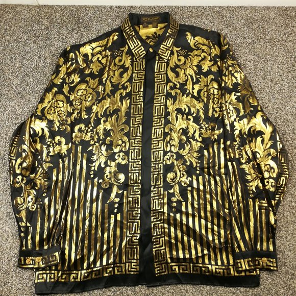 Vintage Seta Per Uomo Shirt Silk Metallic Gold Floral L/S Button Up Mens XL - Picture 1 of 9